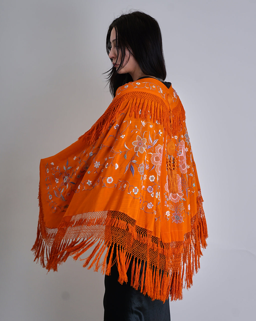 1920's Orange Mandarin Embroidered Silk Piano Shawl