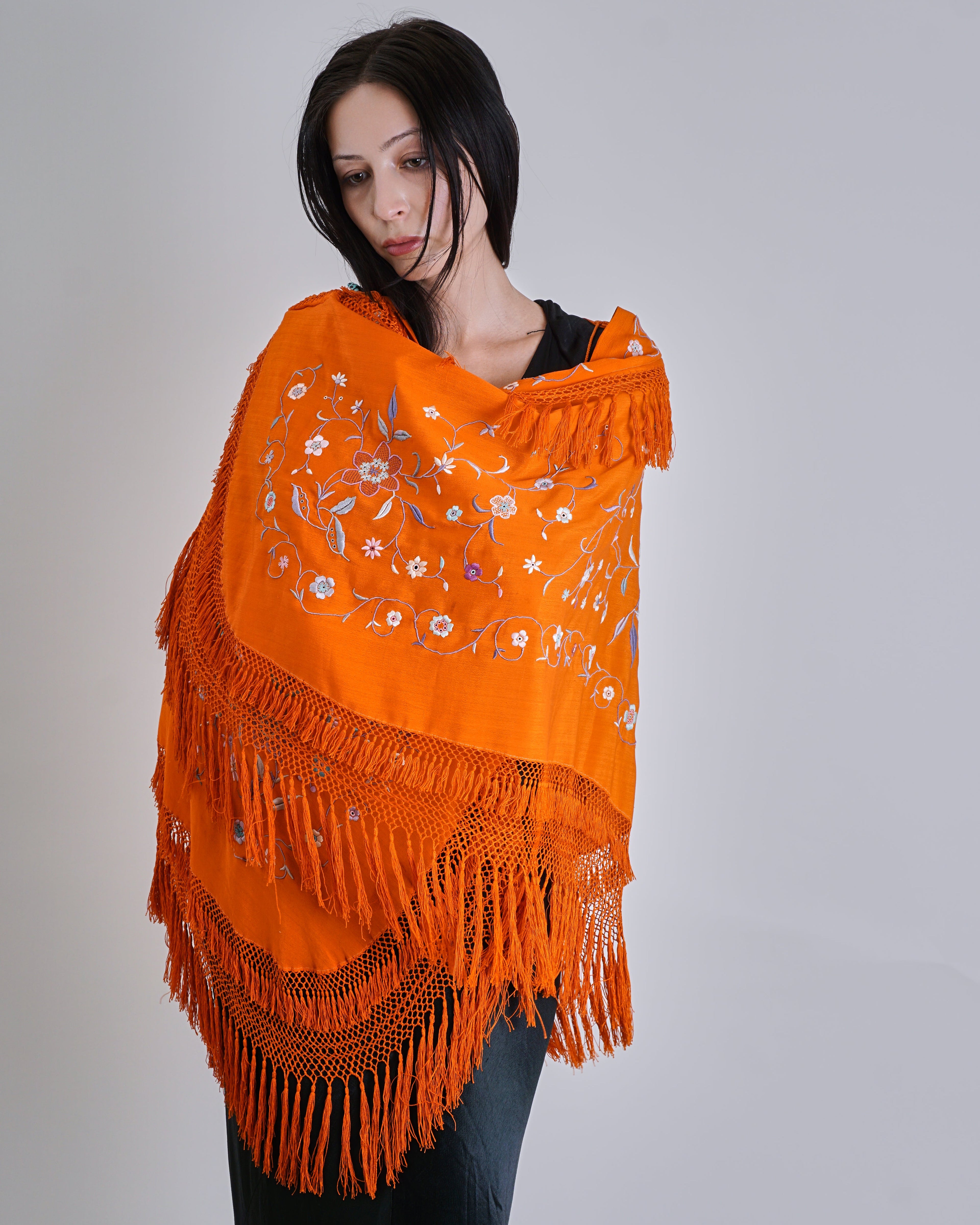 1920's Orange Mandarin Embroidered Silk Piano Shawl