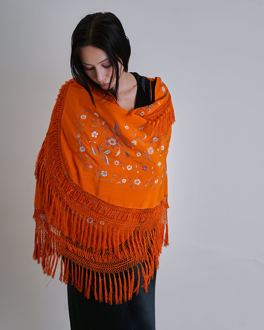 1920's Orange Mandarin Embroidered Silk Piano Shawl