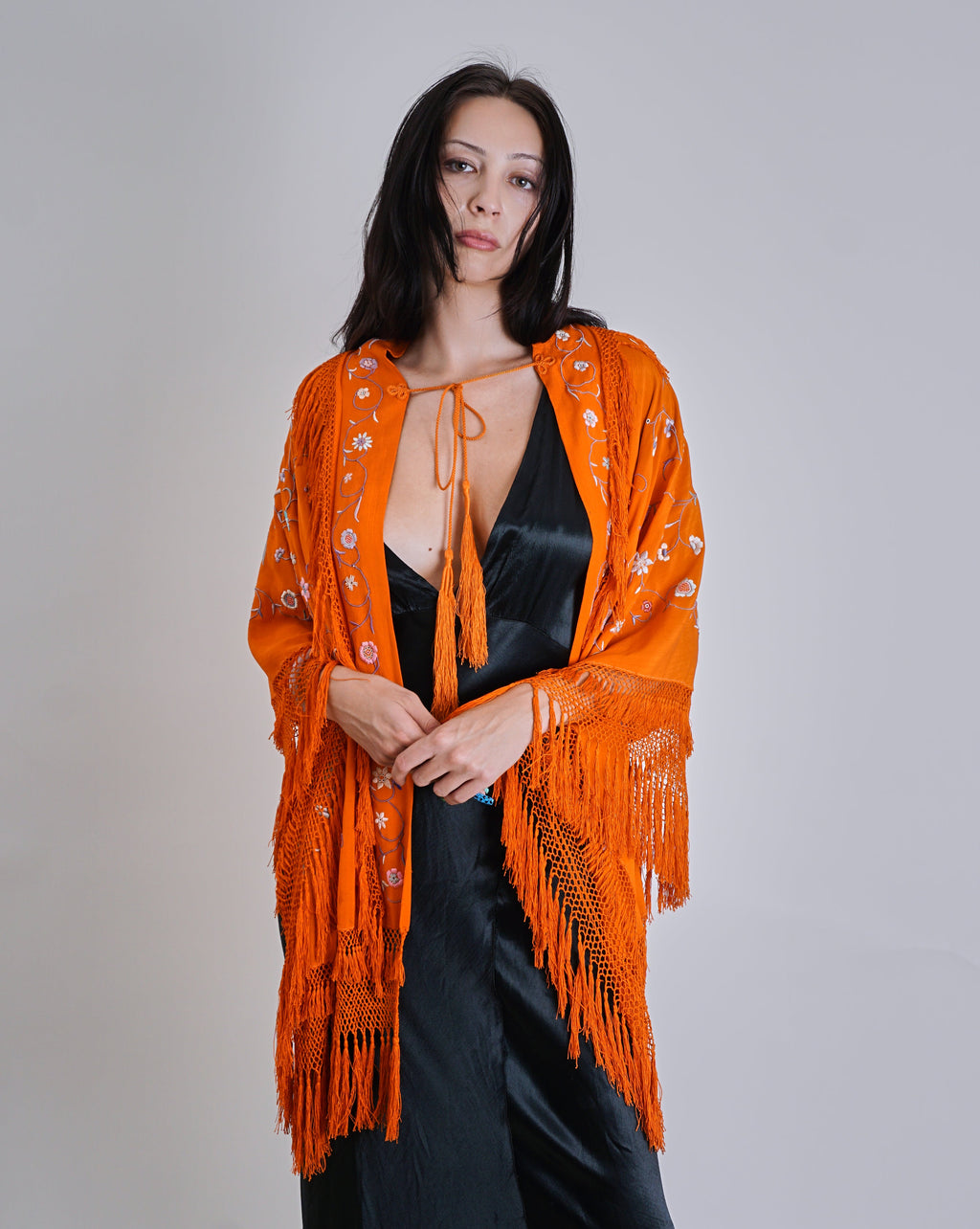 1920's Orange Mandarin Embroidered Silk Piano Shawl