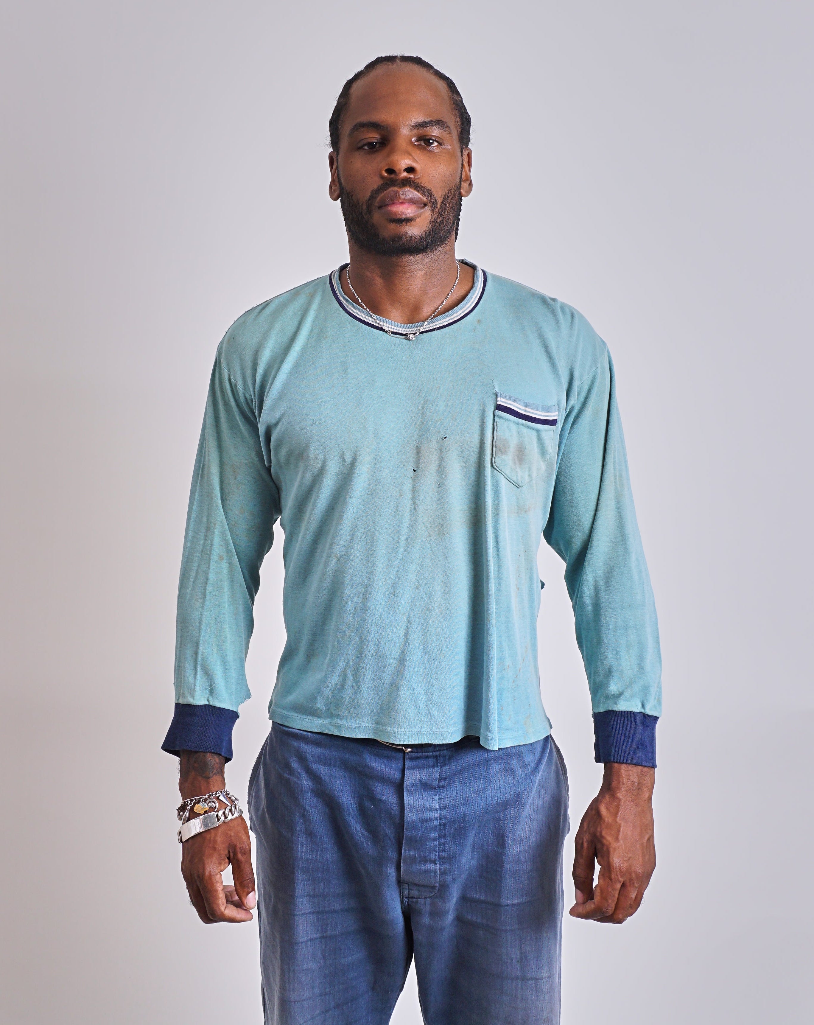 Blue 1950s Long sleeve Pocket Tee