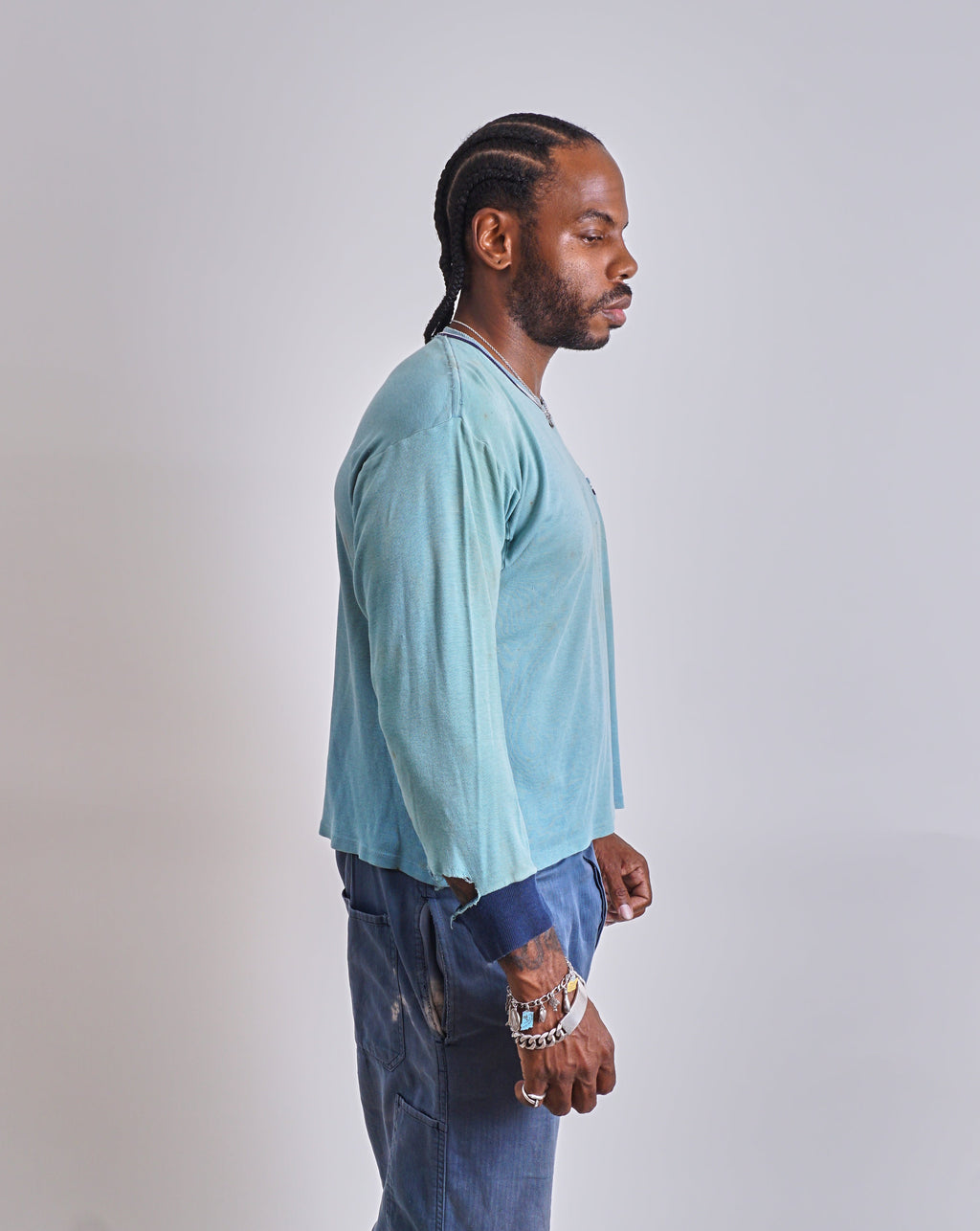 Blue 1950s Long sleeve Pocket Tee
