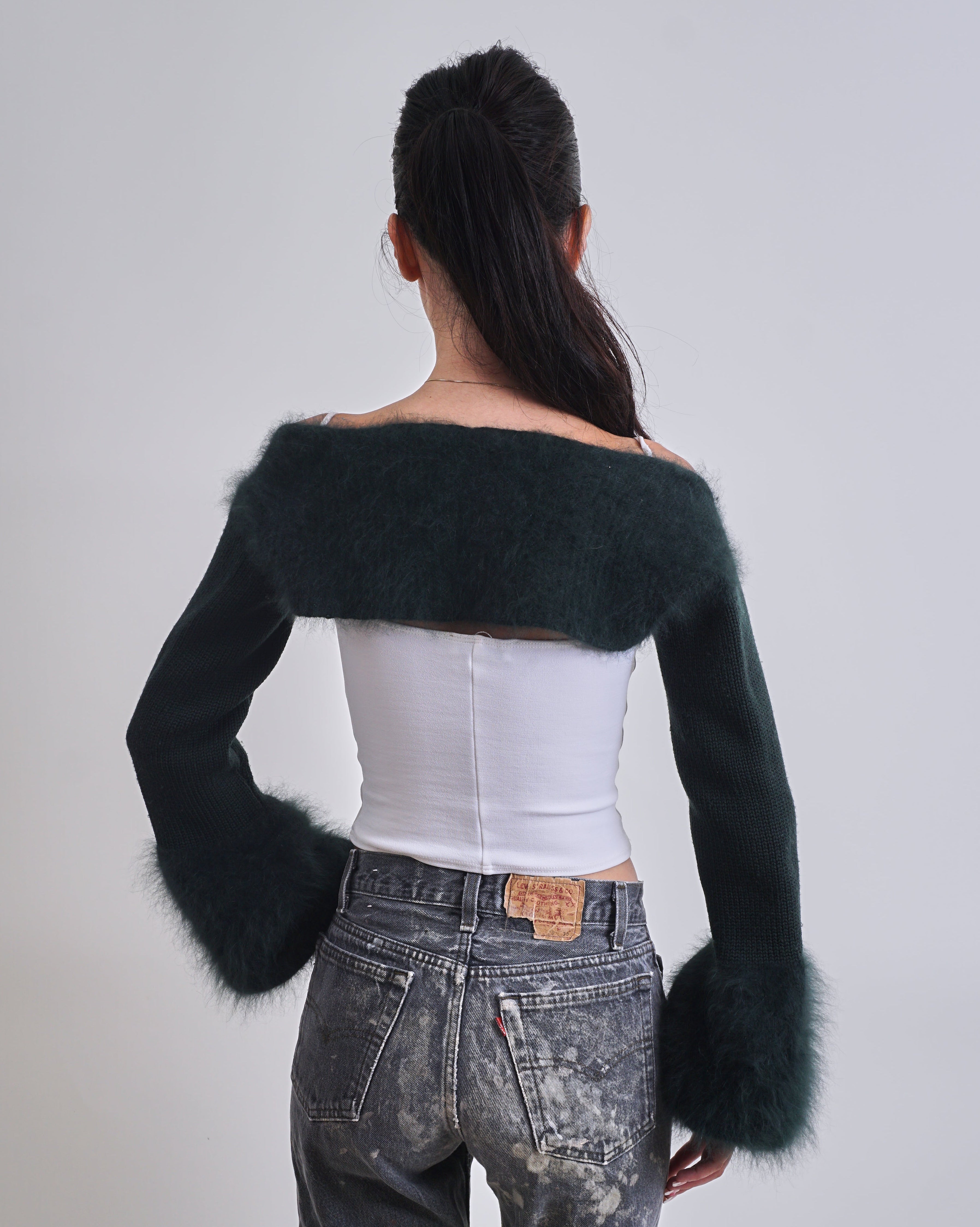 Italian Designer Fluffy Dark Green Angora Shrug Bolero 