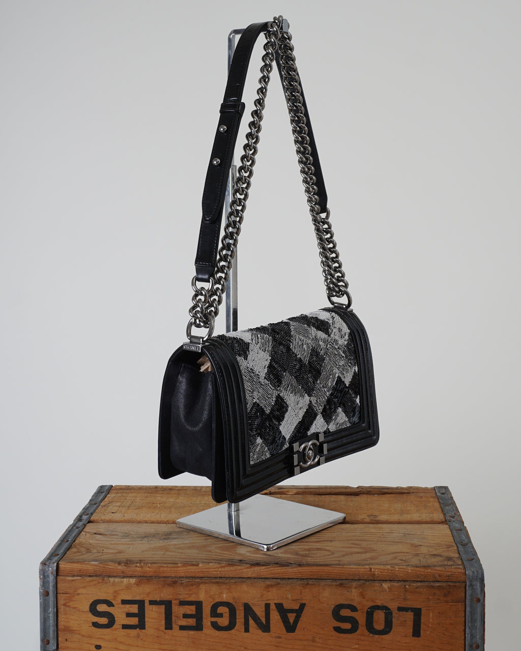 2014 White Black Sequin & Patent Chain Strap Boy Bag