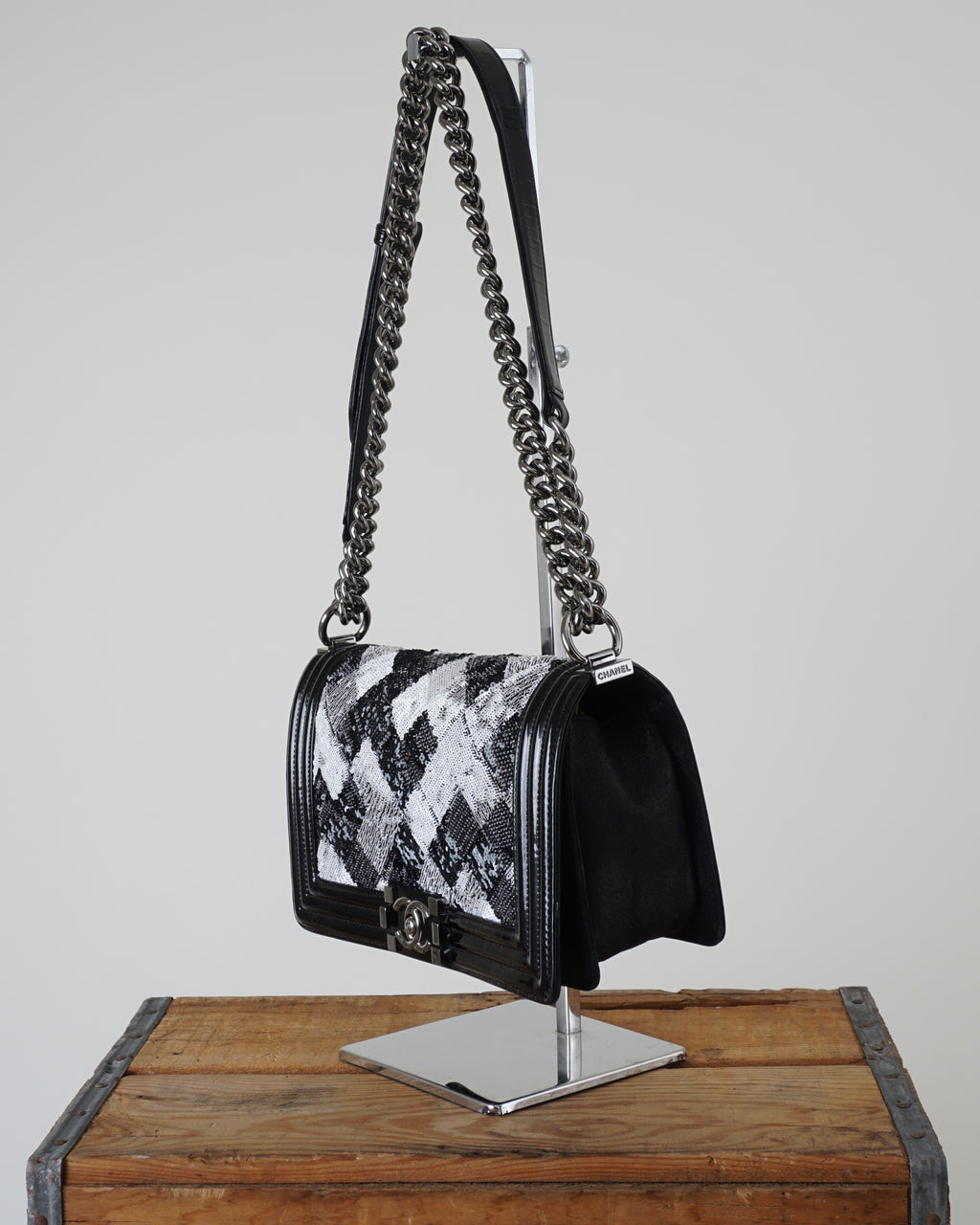 2014 White Black Sequin & Patent Chain Strap Boy Bag