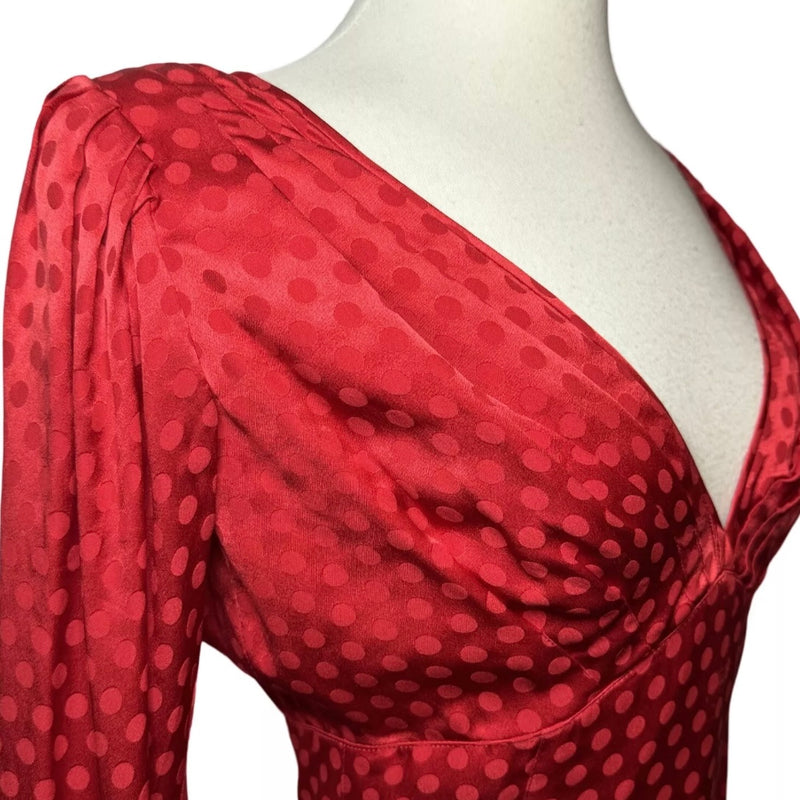 1985 EMANUEL UNGARO RUNWAY POLKA DOT CORSET LONG SLEEVE RED GOWN