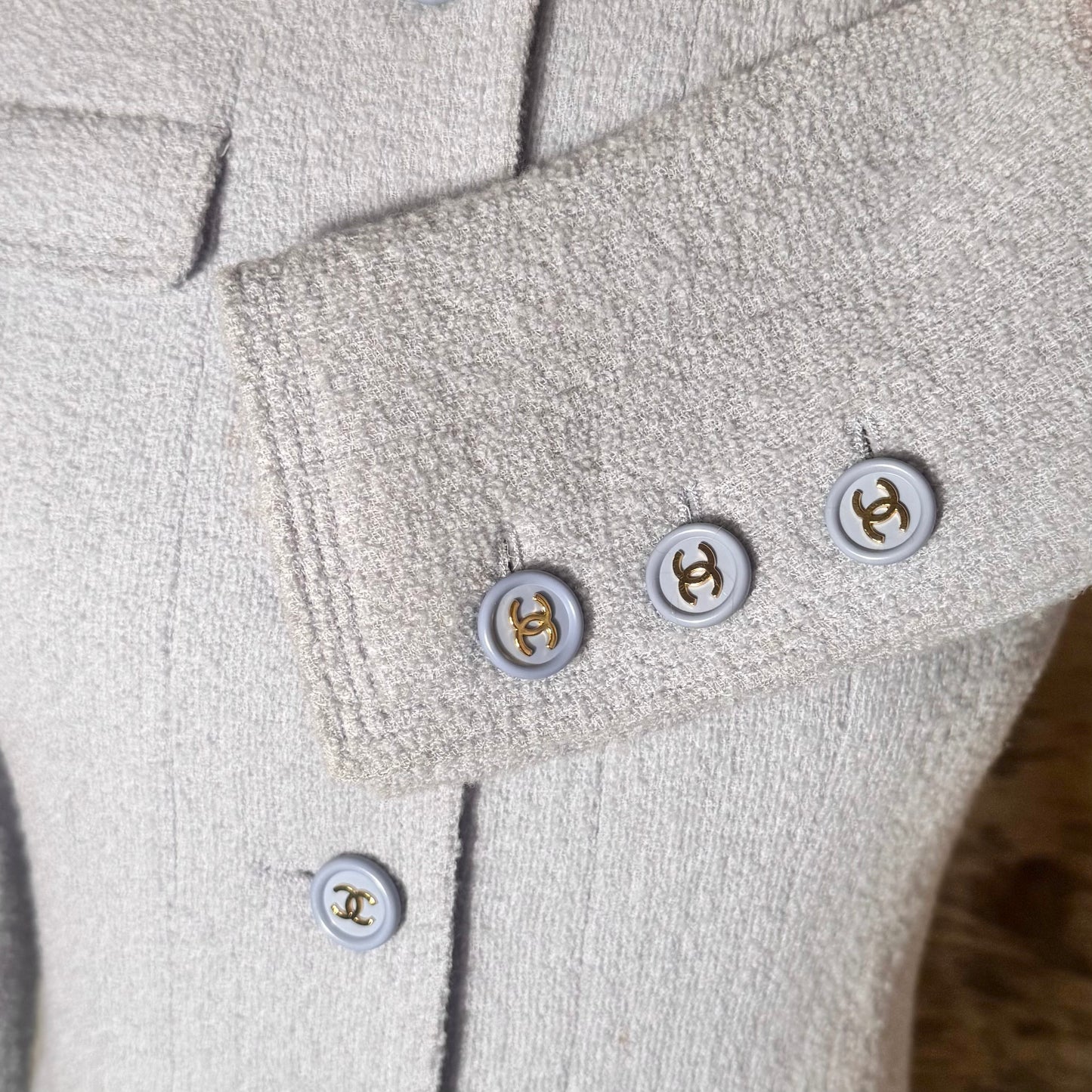 CHANEL 1997 BABY BLUE BOUCLE WOOL SKIRT AND JACKET SUIT