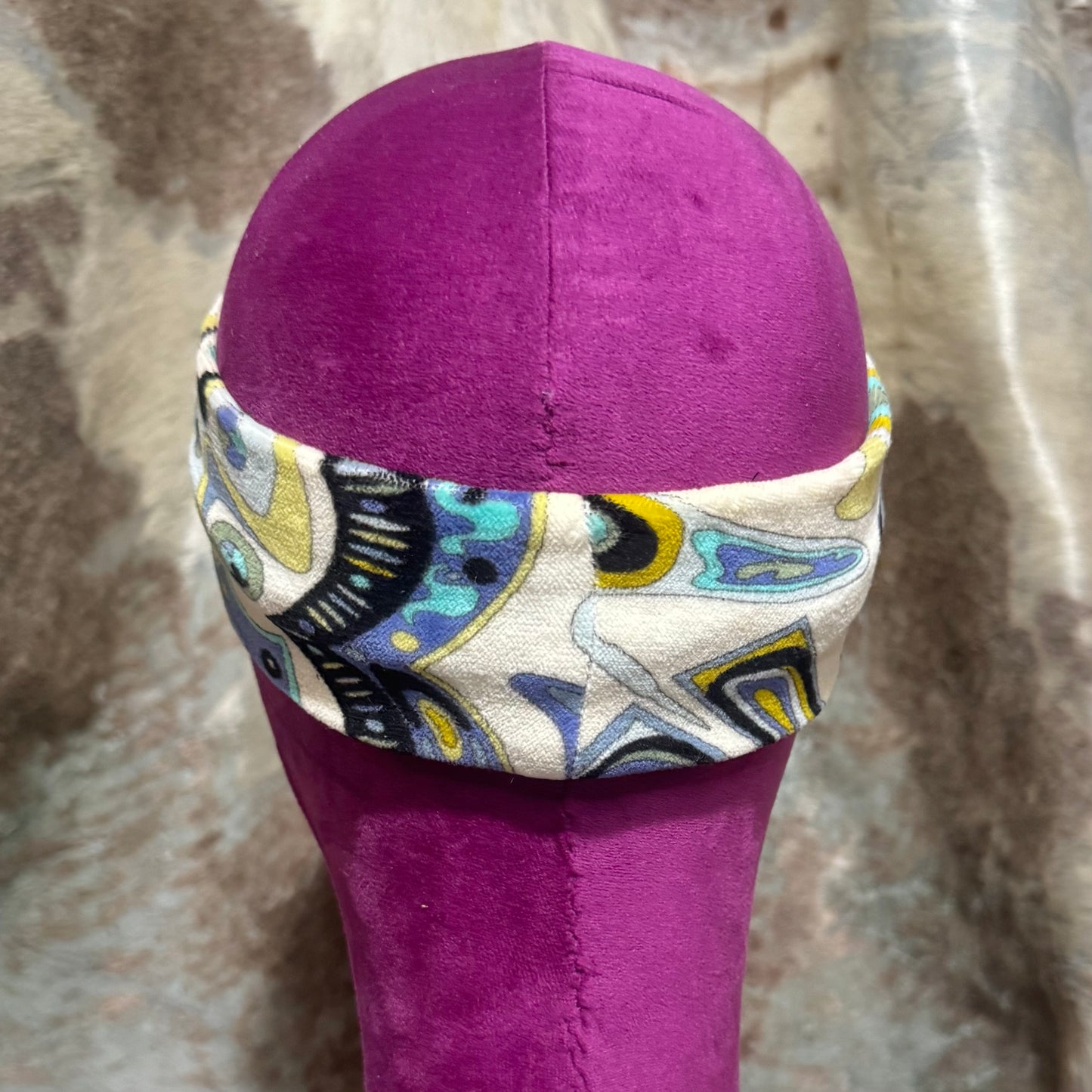 EMILIO PUCCI VELVET BLUE CREAM ALL OVER GEOMETRIC KALEIDOSCOPE PRINTED HEADBAND