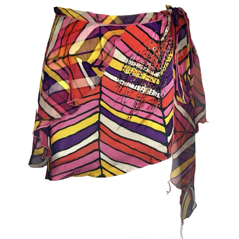 90s VOYAGE BEADED SILK STRIPE DOUBLE LAYER WRAP MINI SKIRT