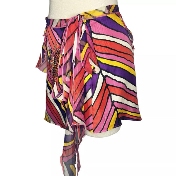 90s VOYAGE BEADED SILK STRIPE DOUBLE LAYER WRAP MINI SKIRT