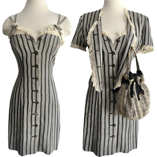 90S SUITE CHANTAL THOMASS STRIPE LACE 3 PIECE DRESS JACKET AND BAG