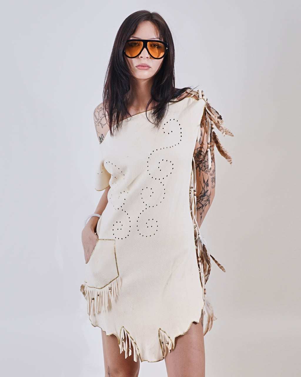 1980s open side tie feather lambskin dress