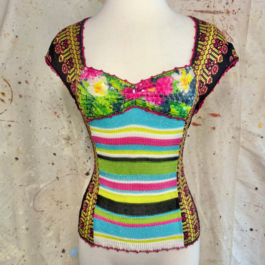 1990s CHRISTIAN LACROIX MULTICOLOR STRIPE SEQUIN KNIT TOP