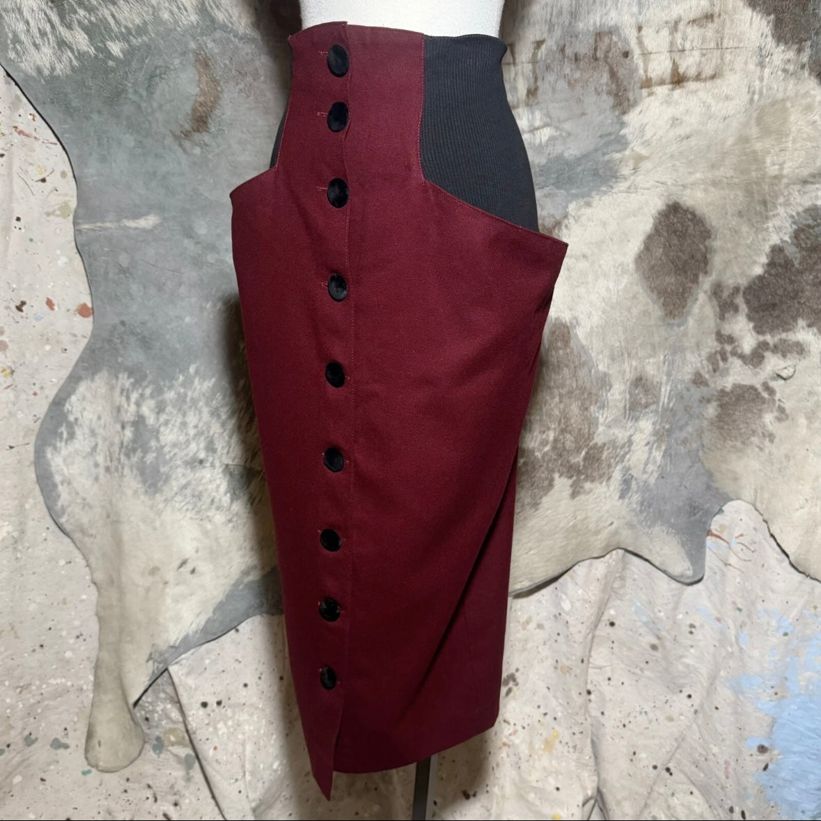 1980s MODASPORT BURGUNDY WOOL SUPER HIGH WAISTED BUTTON FRONT POCKET SKIRT