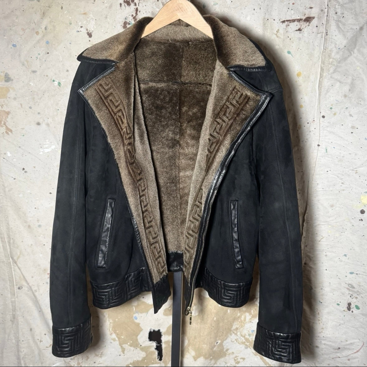 F/W 2001 RUNWAY GIANNI VERSACE SHEARLING GRECA ACCENT FUR LEATHER BIKER JACKET