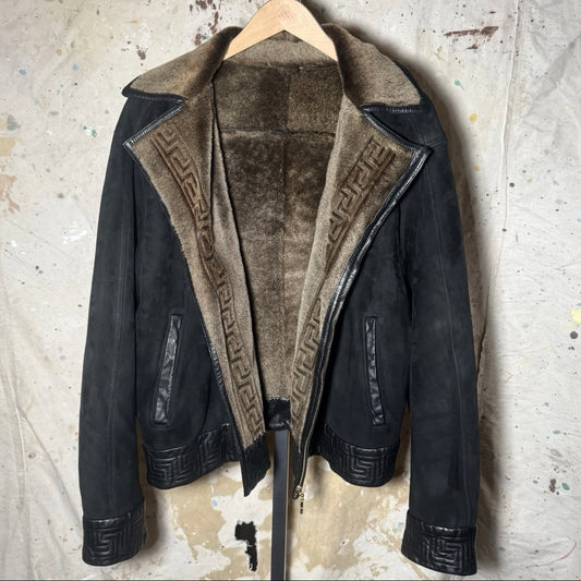 F/W 2001 RUNWAY GIANNI VERSACE SHEARLING GRECA ACCENT FUR LEATHER BIKER JACKET