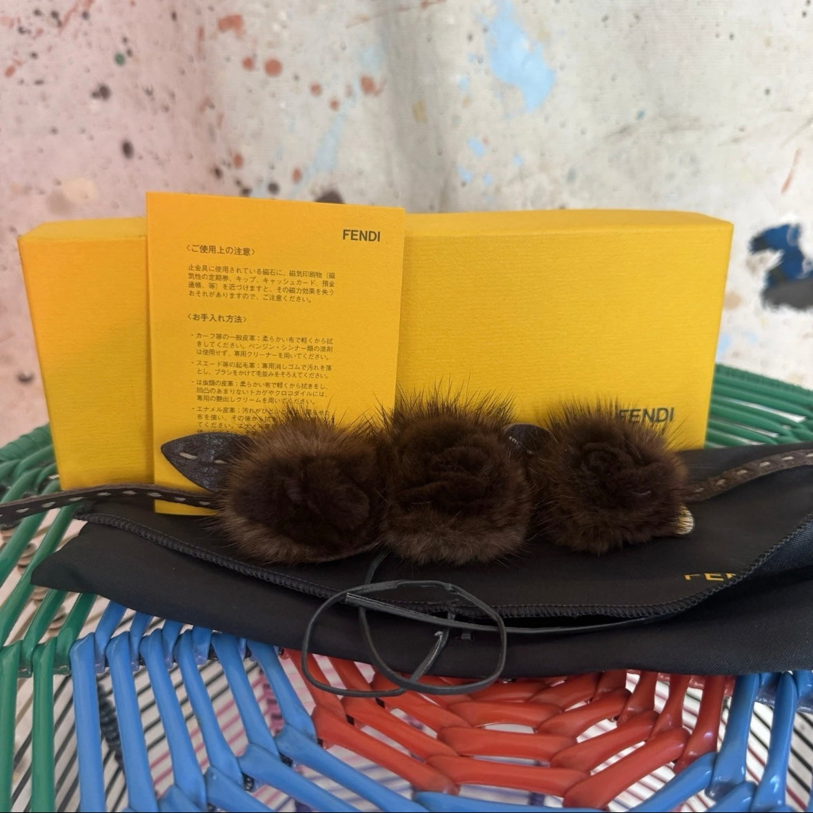 2008 FENDI SELLERIA FUR FLOWER LEATHER TIE CHOKER NECKLACE