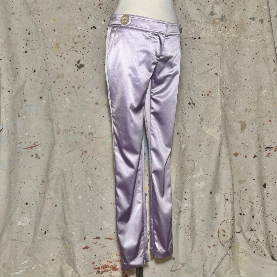 2000s DOLCE & GABBANA D&G PURPLE LAVENDER SATIN BUTTON ACCENT LOW RISE TROUSERS