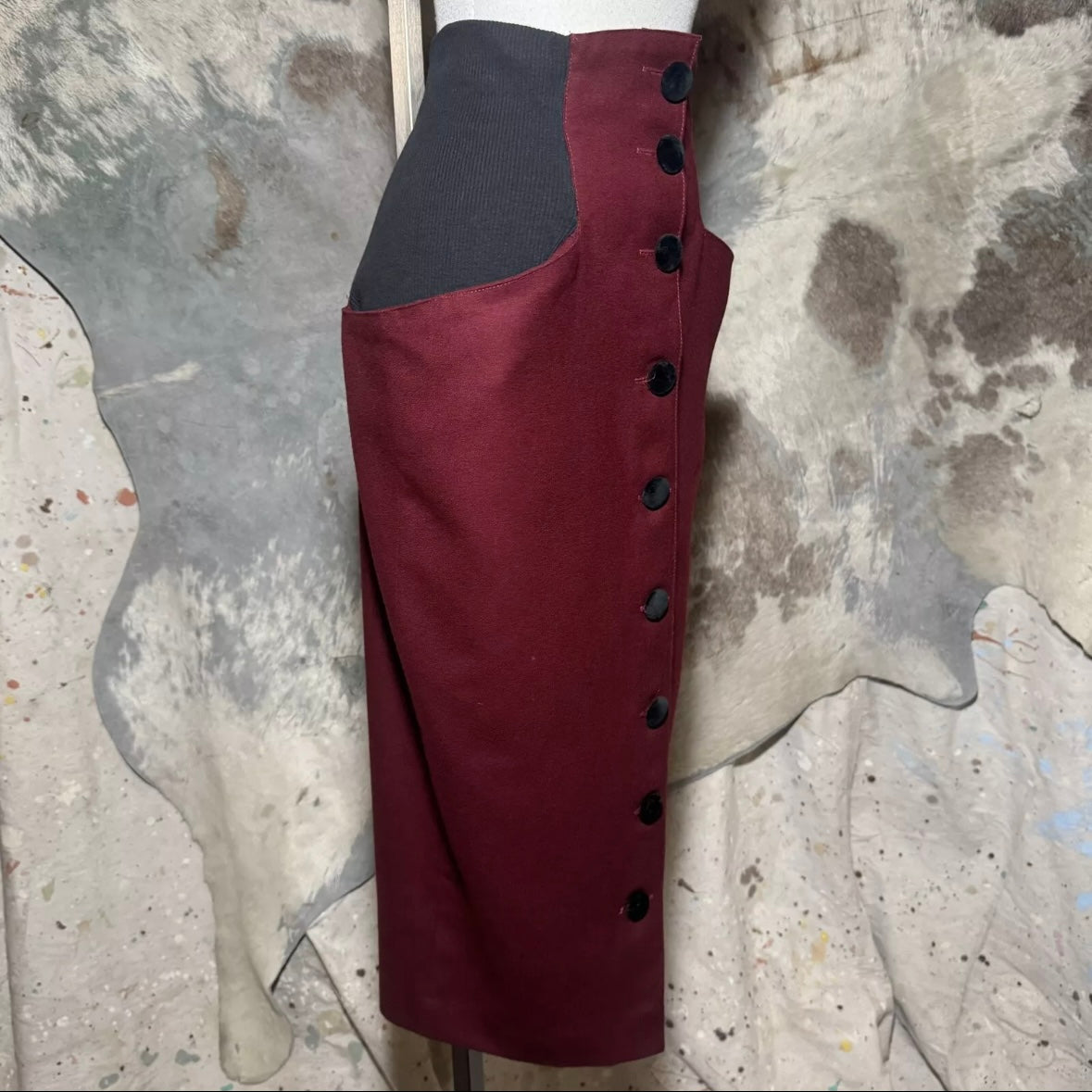 1980s MODASPORT BURGUNDY WOOL SUPER HIGH WAISTED BUTTON FRONT POCKET SKIRT