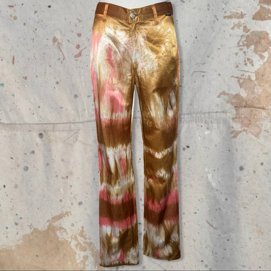 90s GIANFRANCO FERRE SATIN ORANGE TIE DYE BOOTCUT PANTS 27