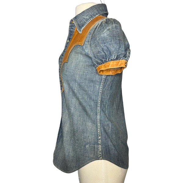 2000s DSQUARED2 DENIM WESTERN STYLE SNAP BUTTON LEATHER DENIM SHIRT