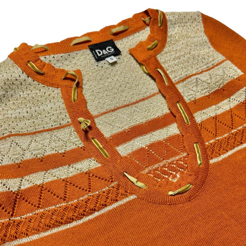 DOLCE & GABBANA D&G STRIPE RIBBON ORANGE POINTELLE KNIT SWEATER