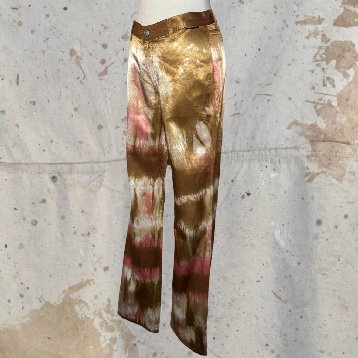 90s GIANFRANCO FERRE SATIN ORANGE TIE DYE BOOTCUT PANTS 27