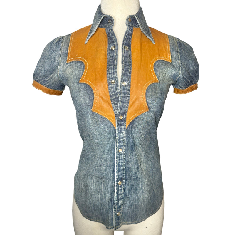 2000s DSQUARED2 DENIM WESTERN STYLE SNAP BUTTON LEATHER DENIM SHIRT