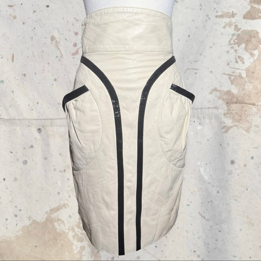 FENDI CREAM LAMBSKIN LEATHER PATENT TRIM HIGH WAIST POCKET PENCIL SKIRT