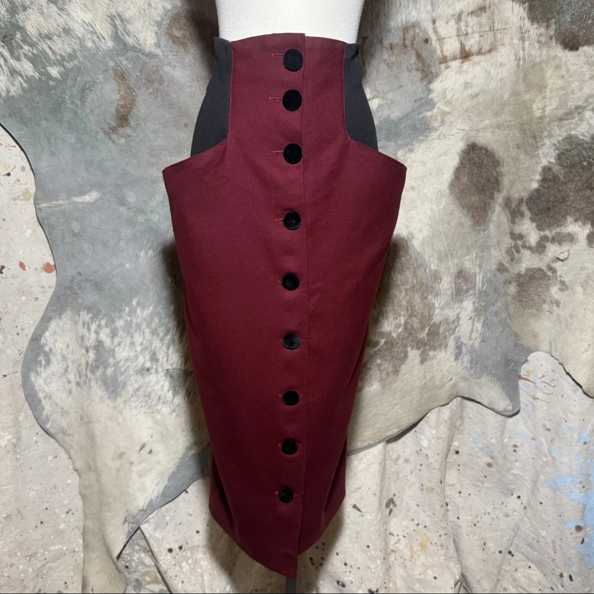 1980s MODASPORT BURGUNDY WOOL SUPER HIGH WAISTED BUTTON FRONT POCKET SKIRT