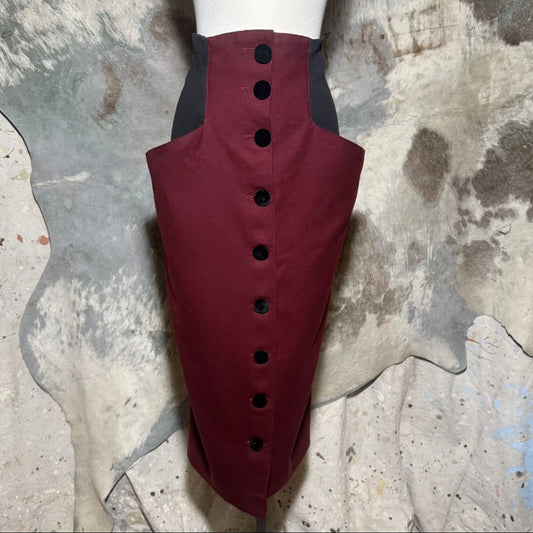 1980s MODASPORT BURGUNDY WOOL SUPER HIGH WAISTED BUTTON FRONT POCKET SKIRT