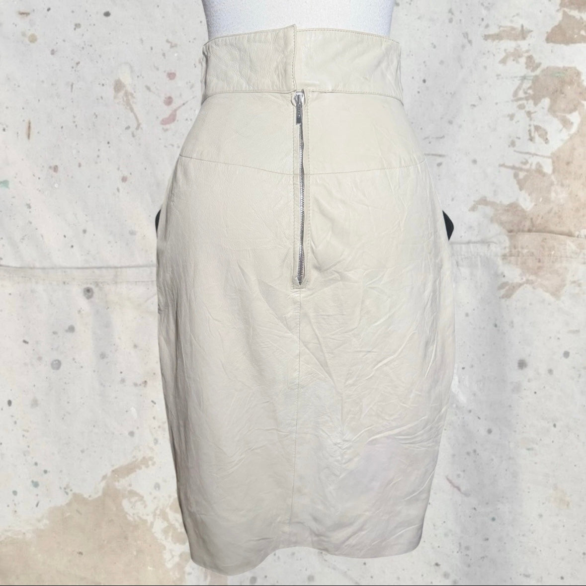 FENDI CREAM LAMBSKIN LEATHER PATENT TRIM HIGH WAIST POCKET PENCIL SKIRT