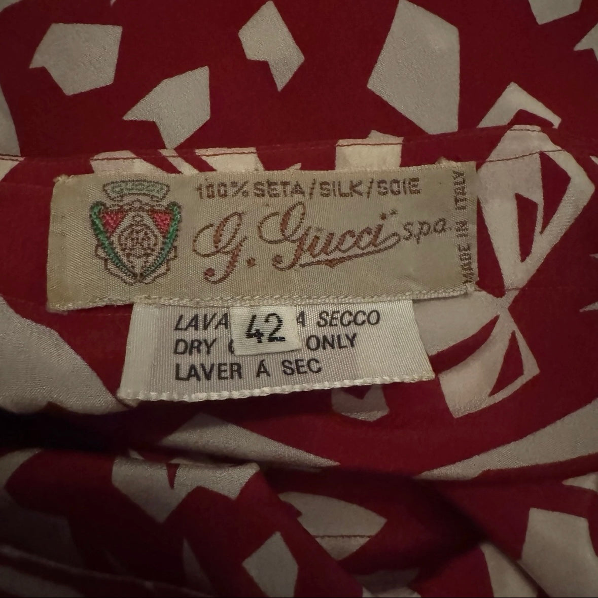 1970s GUCCI RED SILK GEOMETRIC PATTERN WRAP TIE BLOUSE