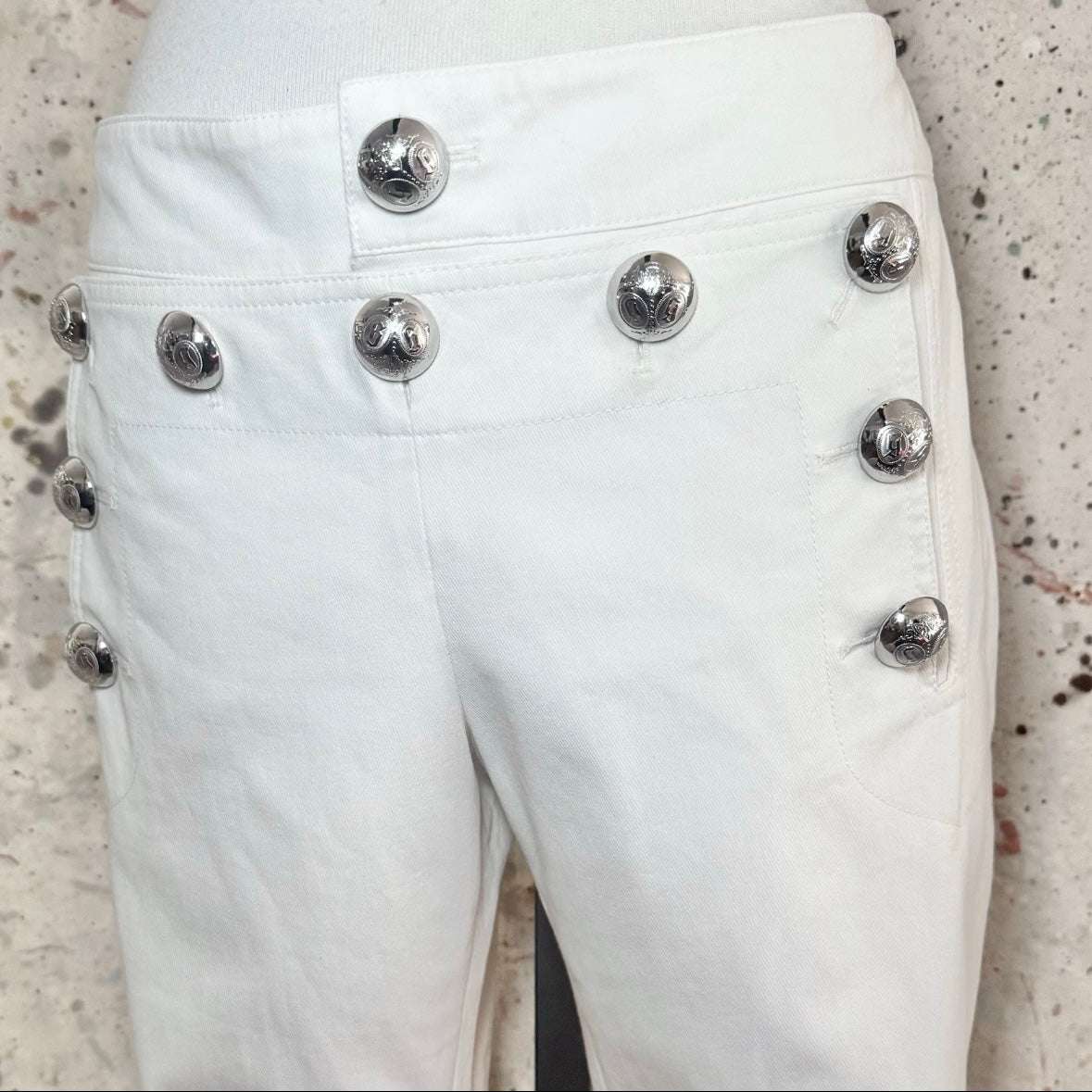 2014 GUCCI FRIDA GIANNINI IVORY CREAM SILVER BUTTON WHITE WIDE LEG SAILOR PANTS