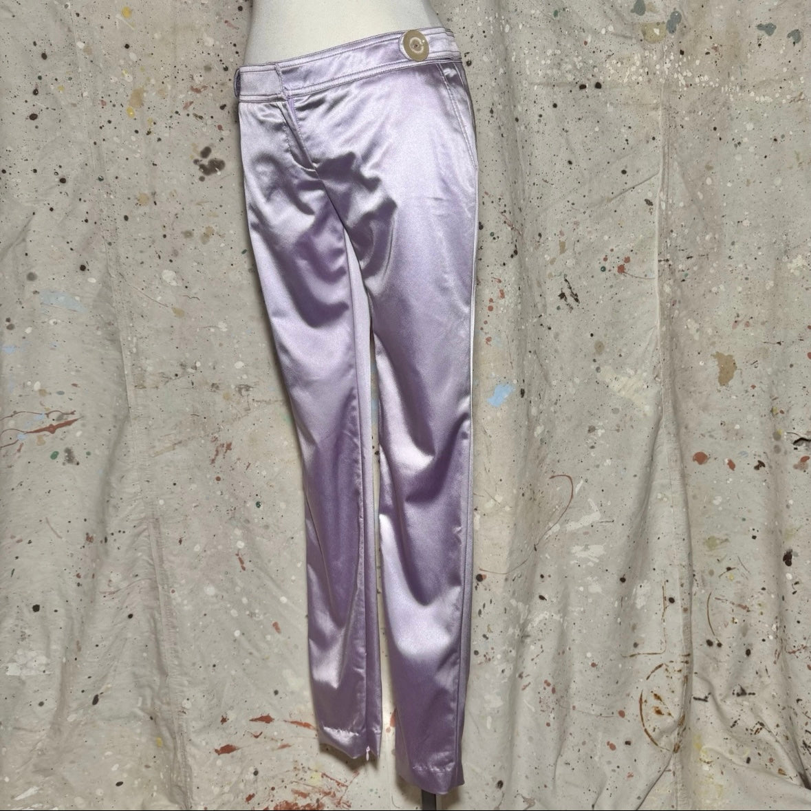 2000s DOLCE & GABBANA D&G PURPLE LAVENDER SATIN BUTTON ACCENT LOW RISE TROUSERS