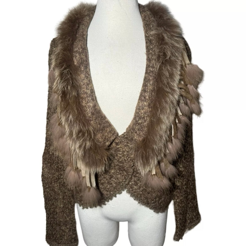 2000s FUR FRINGE TRIMMED KNIT CARDIGAN