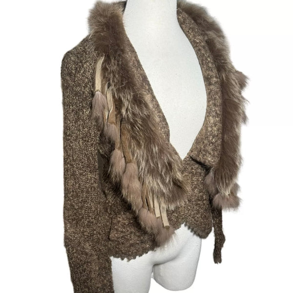 2000s FUR FRINGE TRIMMED KNIT CARDIGAN