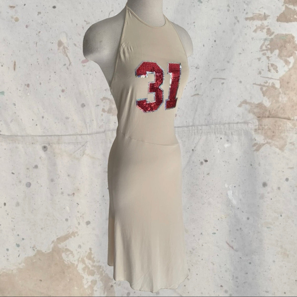 2000s Y2K CREAM HALTER BIAS CUT 31 SEQUIN ITALIAN DESIGN DRESS