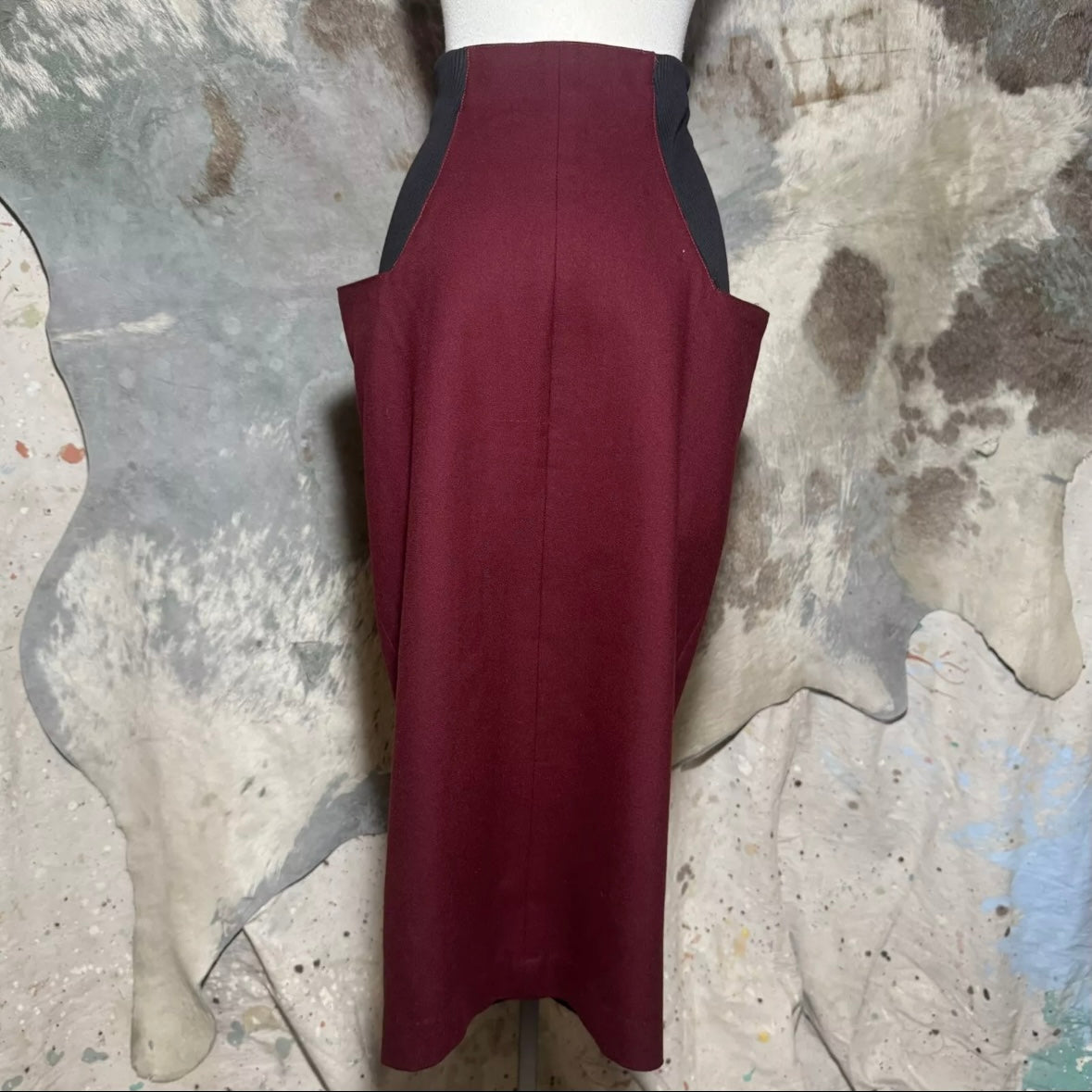 1980s MODASPORT BURGUNDY WOOL SUPER HIGH WAISTED BUTTON FRONT POCKET SKIRT