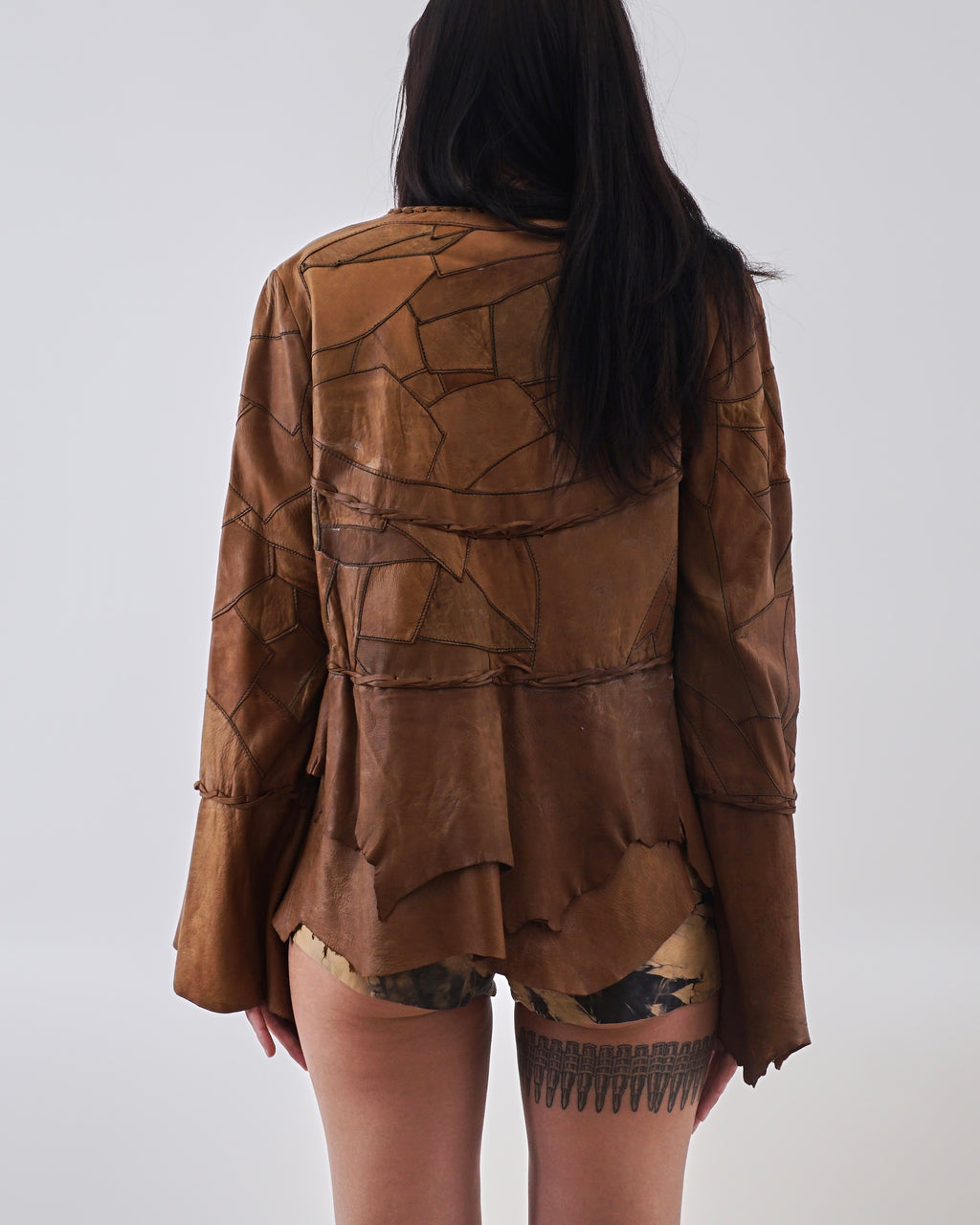 1970's Brown Leather Patchwork Tie Front Jacket