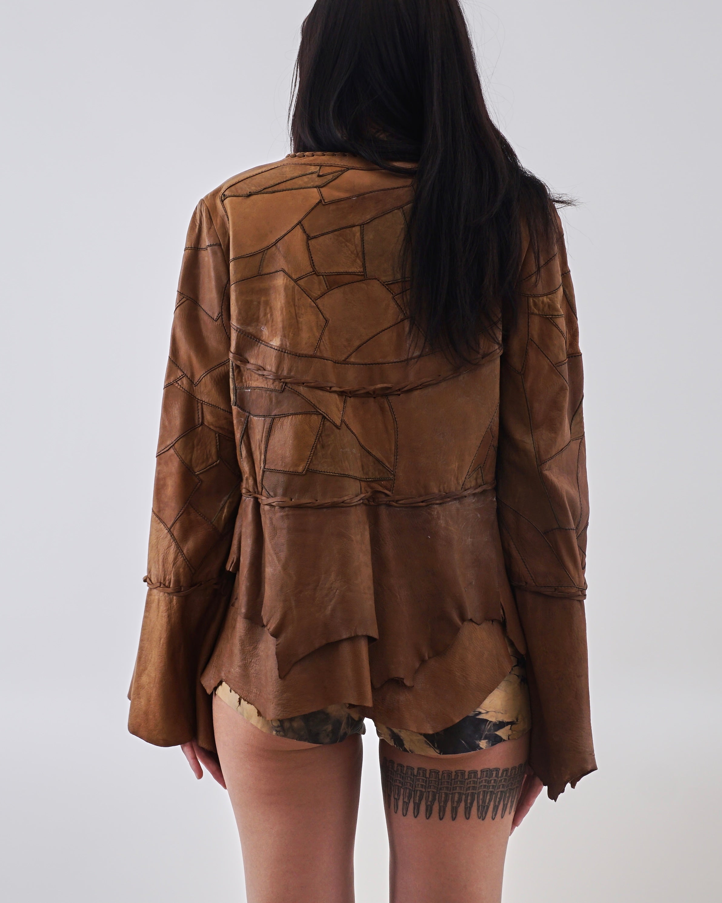 1970's Brown Leather Patchwork Tie Front Jacket