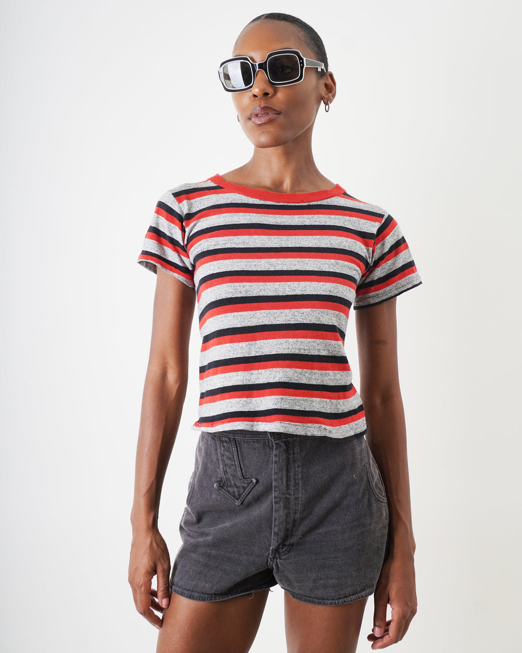 1950s Red Black Gray Striped Baby Tee