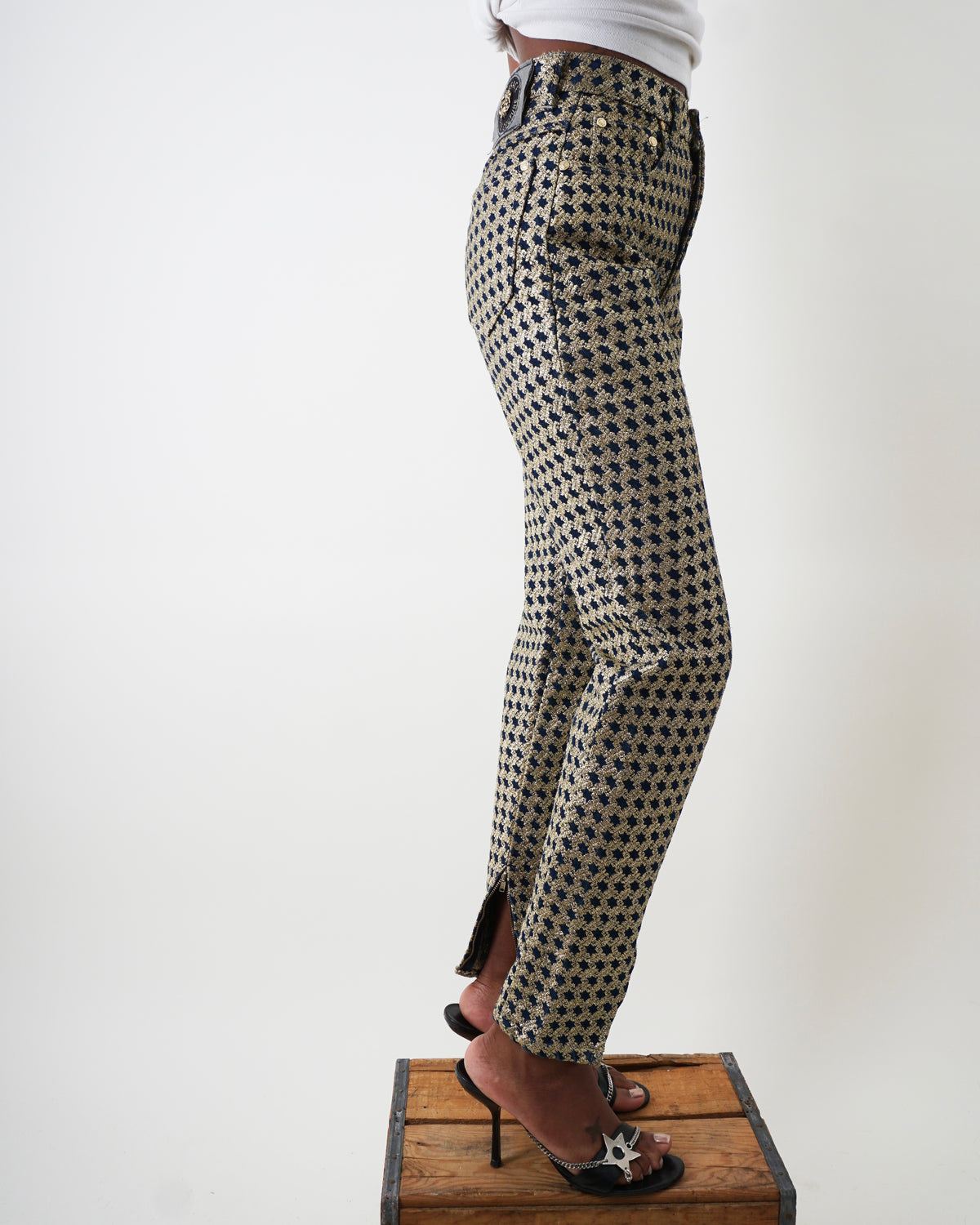 1990s Versace Gold Denim Houndstooth Pants