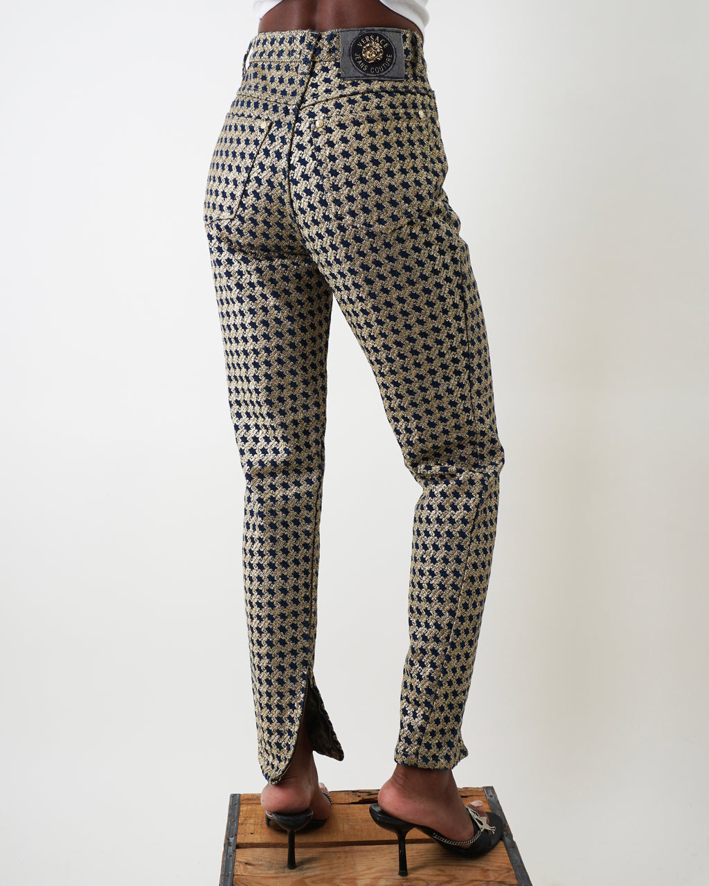 1990s Versace Gold Denim Houndstooth Pants