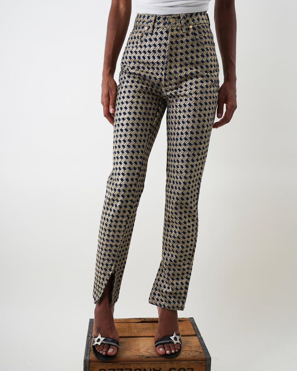 1990s Versace Gold Denim Houndstooth Pants