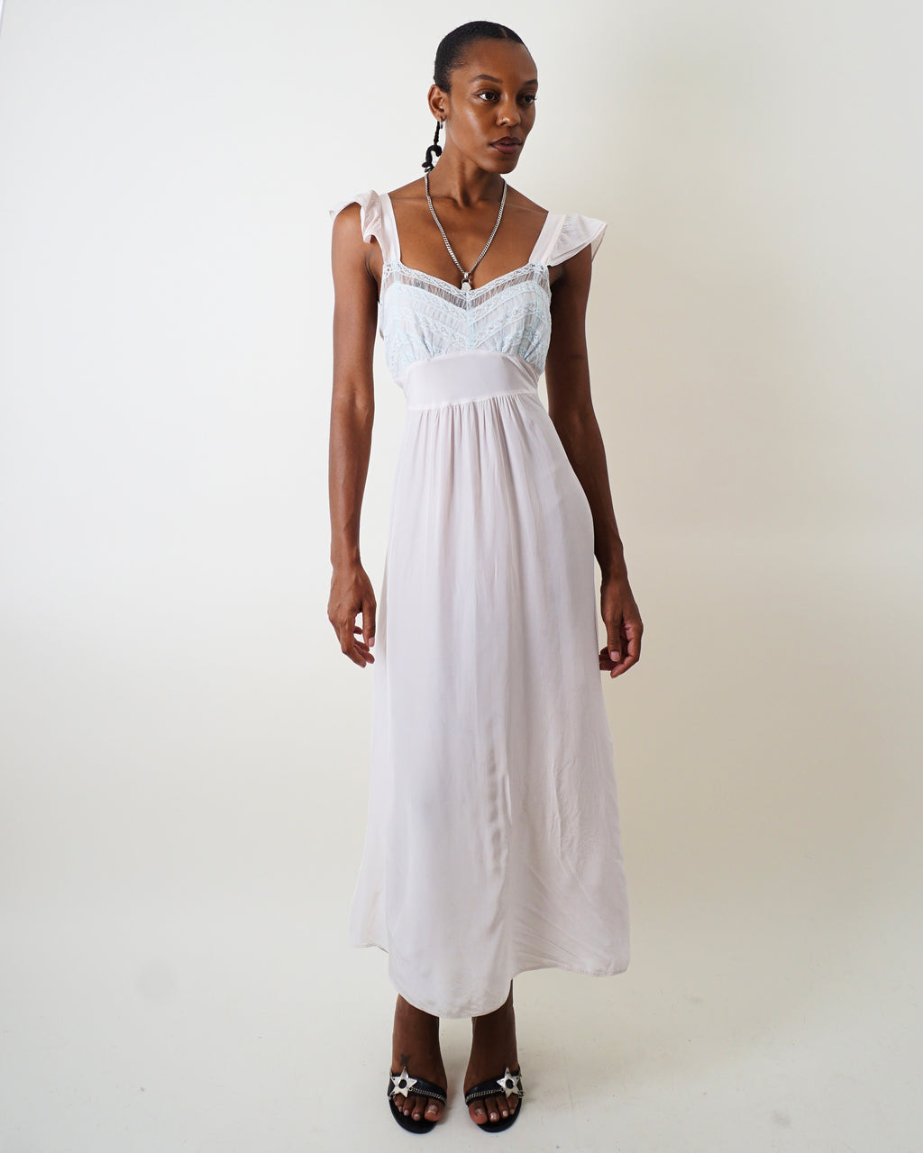 1940's Pink & Blue Lace frill shoulder Slip Dress