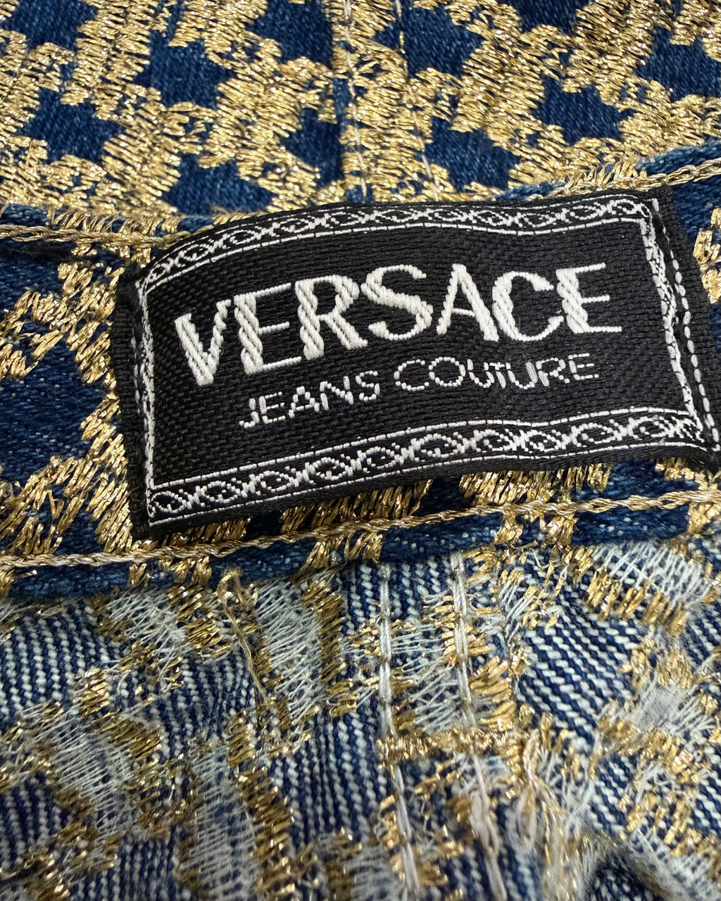 1990s Versace Gold Denim Houndstooth Pants