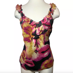 SS 2005 CHRISTIAN DIOR BY GALLIANO SILK LIPS FLOWER RUFFLE SILK TANK