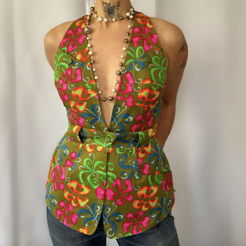 THIERRY MUGLER PSYCHEDELIC FLORAL PRINT HALTER TOP