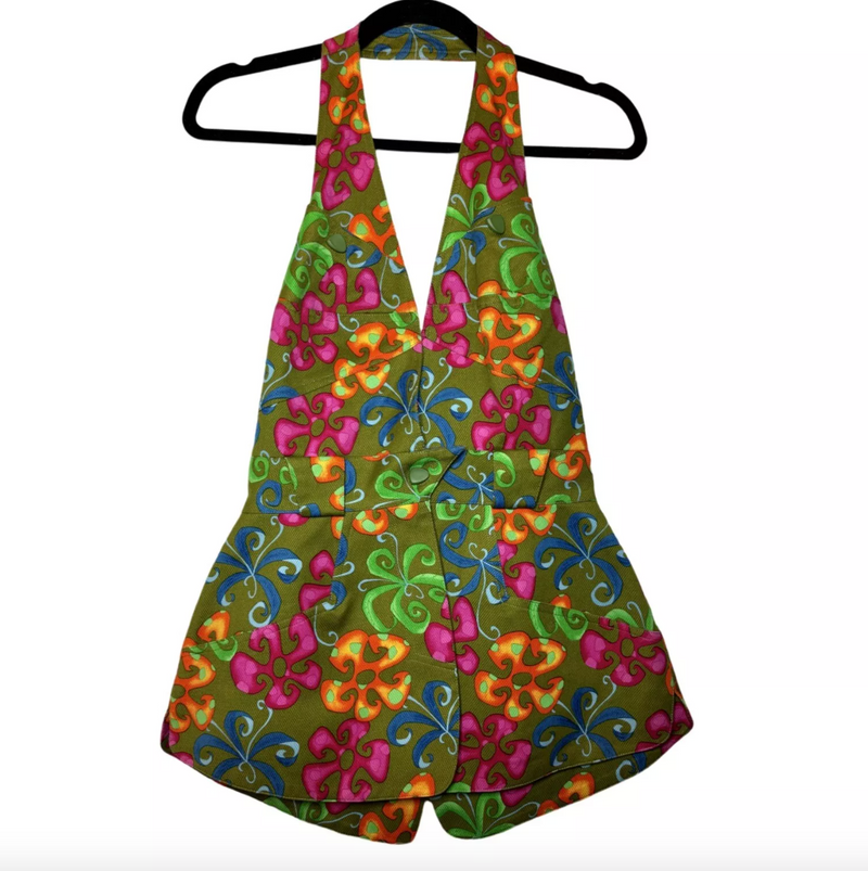 THIERRY MUGLER PSYCHEDELIC FLORAL PRINT HALTER TOP